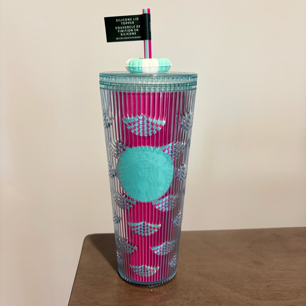 Starbucks 2025 Summer Beach Pool Floaty Straw Topper Pink Blue 24‎ oz Cold Cup